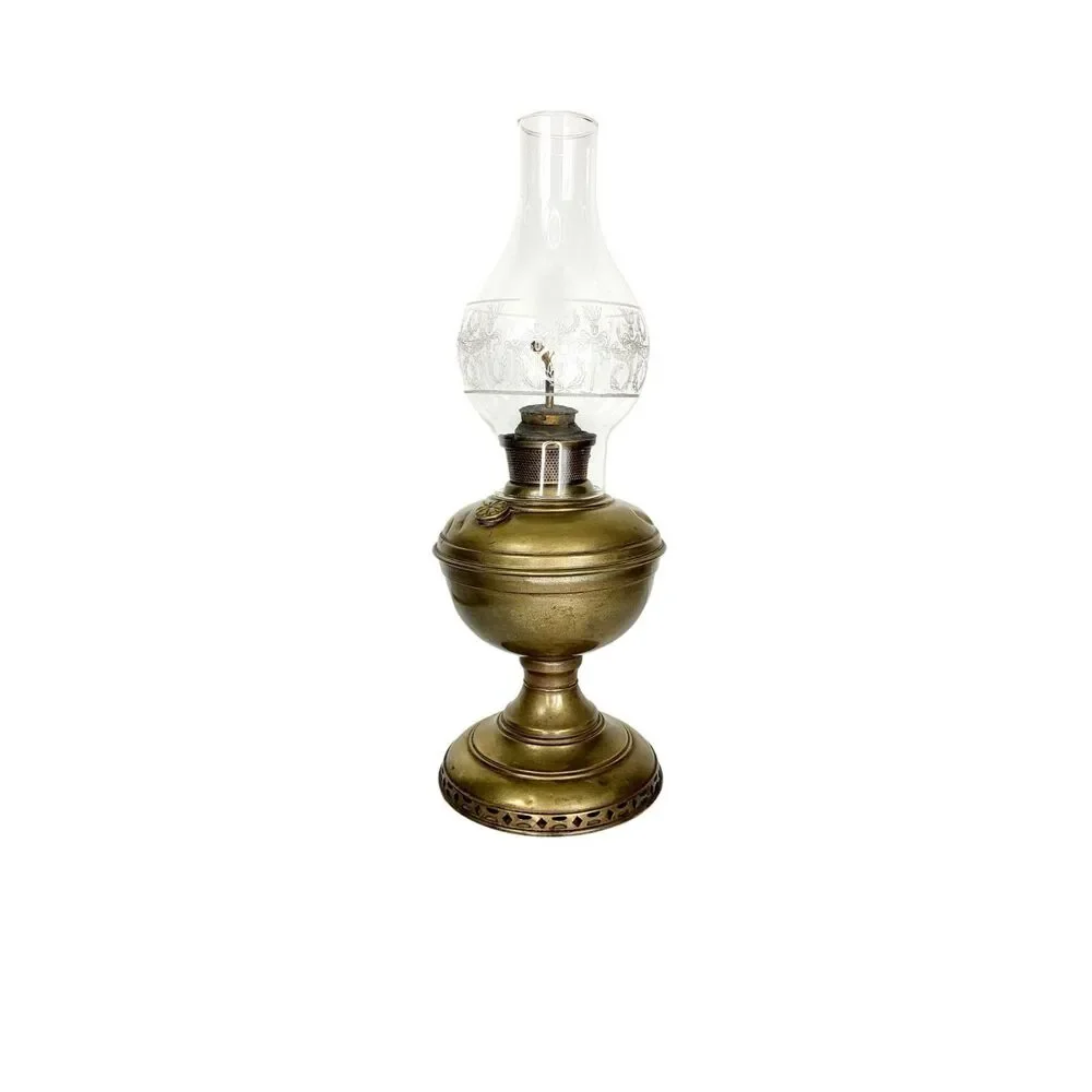 Antique Brass Etched Glass Flute Tabletop Oil Lamp Vintage Gold Parlor Lamp